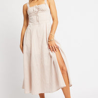 Beige Check Midi Dress Gathered Bust