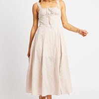 Beige Check Midi Dress Gathered Bust