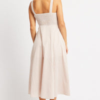 Beige Check Midi Dress Gathered Bust