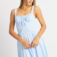 Blue Check Midi Dress Gathered Bust