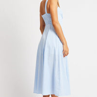 Blue Check Midi Dress Gathered Bust