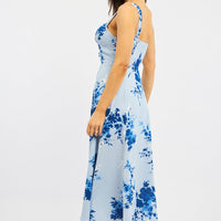 Blue Floral Midi Dress Gathered Bust