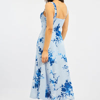 Blue Floral Midi Dress Gathered Bust