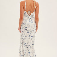 Blue Abstract Midi Dress Sleeveless V Neck Printed Satin