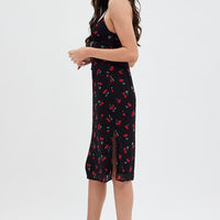 Red Floral Midi Dress Grunge Floral Print