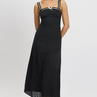 Black Midi Dress Lace Trim Sleeveless Eyelet Fabric