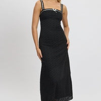 Black Midi Dress Lace Trim Sleeveless Eyelet Fabric