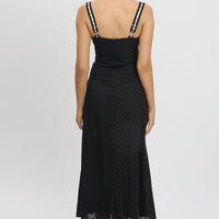 Black Midi Dress Lace Trim Sleeveless Eyelet Fabric