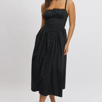 Black Midi Dress Lace Trim Corset Detail Poplin