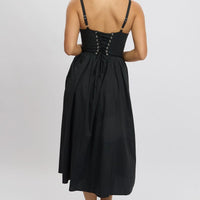 Black Midi Dress Lace Trim Corset Detail Poplin