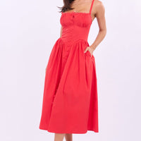 Red Midi Dress Lace Trim Corset Detail Poplin