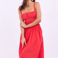 Red Midi Dress Lace Trim Corset Detail Poplin