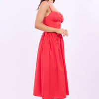 Red Midi Dress Lace Trim Corset Detail Poplin