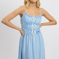 Blue Midi Dress Contrast Tie