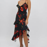 Black Floral Midi Dress Ruffle Detail