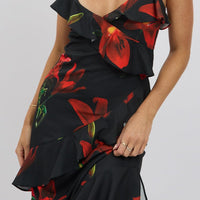 Black Floral Midi Dress Ruffle Detail