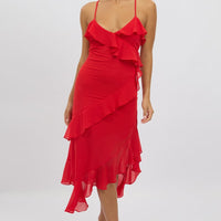 Red Midi Dress Ruffle Detail