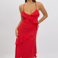 Red Midi Dress Ruffle Detail