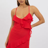 Red Midi Dress Ruffle Detail