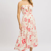 Red Abstract Midi Dress Ribbon Detail Strappy