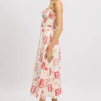 Red Abstract Midi Dress Ribbon Detail Strappy
