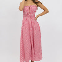 Red Check Midi Dress Ribbon Detail Strappy
