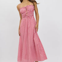 Red Check Midi Dress Ribbon Detail Strappy