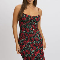Red Floral Midi Dress Bias Chiffon