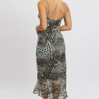Brown Animal Print Midi Dress Bias Chiffon