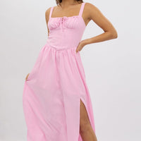 Pink Midi Dress Gathering Bust Corset Detail