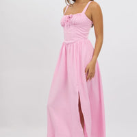 Pink Midi Dress Gathering Bust Corset Detail