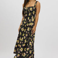 Black Floral Midi Dress Corset Detail