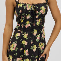 Black Floral Midi Dress Corset Detail