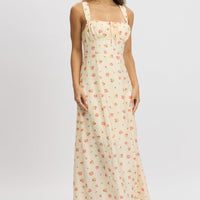 Pink Floral Midi Dress Gathered Bust