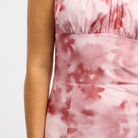Pink Floral Midi Dress Gathered Bust Mesh