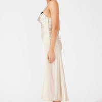 Beige Midi Dress Sleeveless Cowl Neck Satin Slip Lace