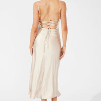 Beige Midi Dress Sleeveless Cowl Neck Satin Slip Lace