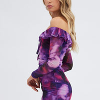 Purple Abstract Mini Dress Long Sleeve Off Shoulder Frill Mesh