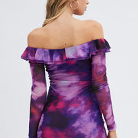 Purple Abstract Mini Dress Long Sleeve Off Shoulder Frill Mesh