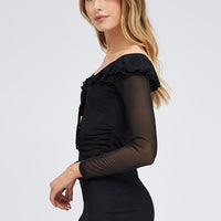 Black Mini Dress Long Sleeve Off Shoulder Frill Mesh