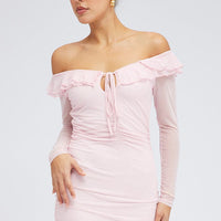 Pink Mini Dress Long Sleeve Off Shoulder Frill Mesh