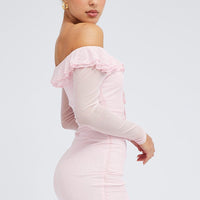 Pink Mini Dress Long Sleeve Off Shoulder Frill Mesh