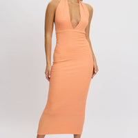 Orange Bodycon Dress Halter Neck Texured