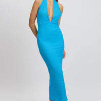 Blue Bodycon Dress Halter Neck Texured