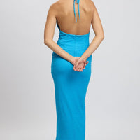 Blue Bodycon Dress Halter Neck Texured
