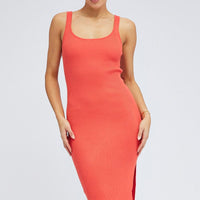 Orange Midi Dress Bodycon Round Neck Ribbed Knit