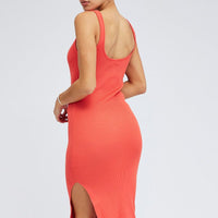 Orange Midi Dress Bodycon Round Neck Ribbed Knit