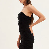 Black Midi Dress Bodycon Ruched Mesh