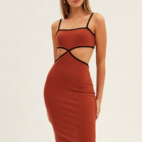 Brown Midi Dress Adjustable Straps Cut Out Jersey Rib