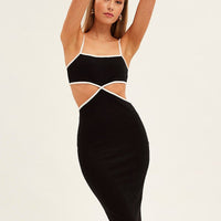 Black Midi Dress Adjustable Straps Cut Out Jersey Rib